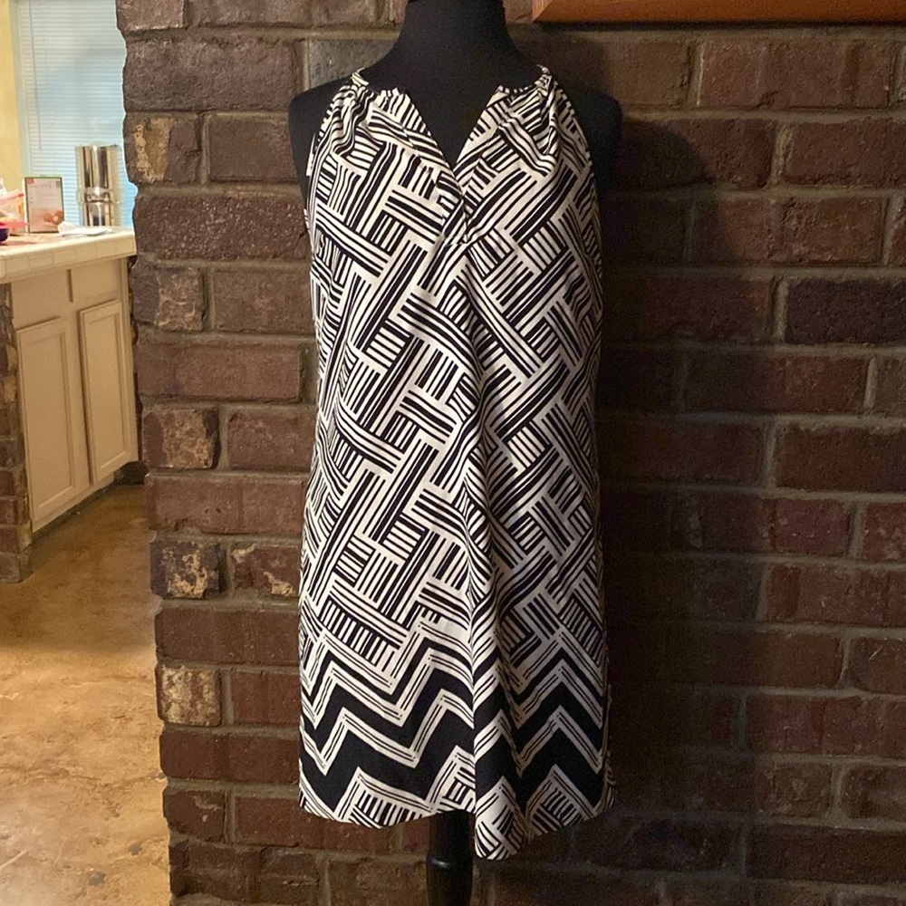 Skies are‎ black and white abstract, chevron, halter neck mini dress